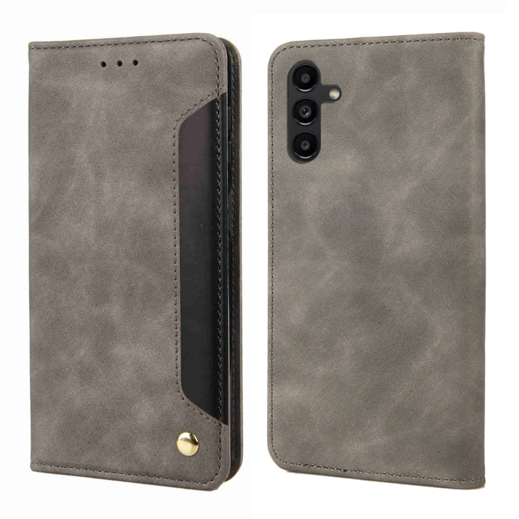 Grey splicing leather phone case for Samsung Galaxy A05s, featuring a wallet design with card slots and a stand function.